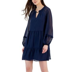 NWT- INC International Concepts Navy Chiffon Metallic Striped Mini Dress, Medium